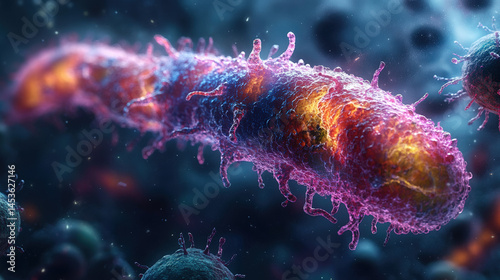 Microscopic view of a vibrant, rod-shaped bacterium with spiky projections, surrounded by other microorganisms in a dark, bluish background
