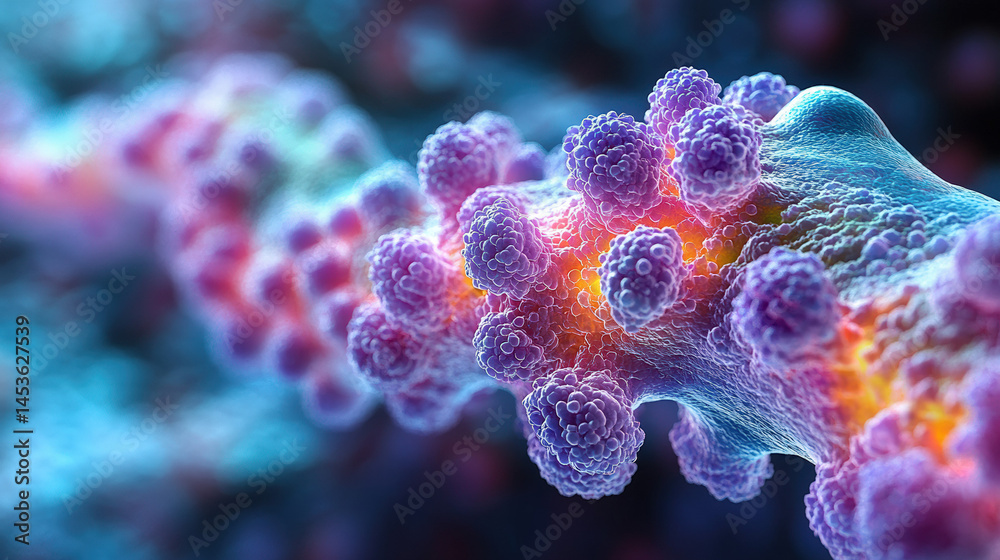 Naklejka premium Microscopic view of a vibrant, textured strand with numerous spherical protrusions, exhibiting a gradient of warm and cool colors