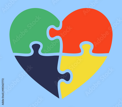 Bright vector illustration of a heart made of four colorful puzzle pieces. Abstract symbol of love, unity, teamwork, connection, autism awareness, relationship, cooperation, and diversity.