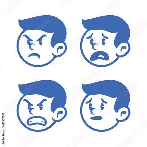 Set of cartoon boy facial expressions in blue line art style showing angry and worried emotions. Perfect for emoticon, sticker, mascot, or character design use
