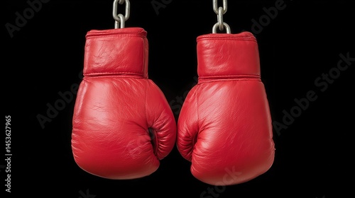 A pair of red boxing gloves dangle from chains against a dark background, their bold color and shadows highlighting raw power and strength.
