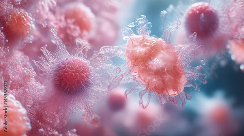 Microscopic view of cells, possibly viral infection, showing intricate cellular structures and interactions