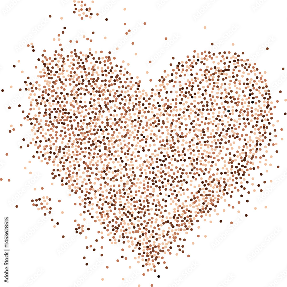 Creative composition of circular brown particles, heart shaped powder. Perfect for love-themed and romantic designs, the artistic arrangement conveys charm and elegance with heart-shaped elements.