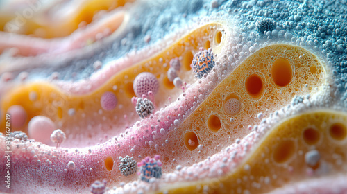Microscopic view of cellular structures, showing diverse particles and porous textures in pastel hues