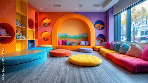 Colorful playroom with seating area shelves and large window bright and cheerful.