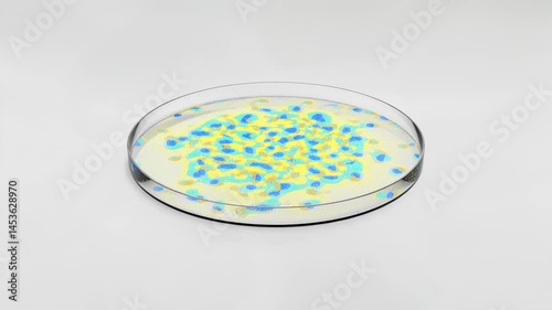 Yellow and blue bacterial colonies grow on a clear glass Petri dish agar plate, showcasing microbial culture patterns under lab conditions for microbiology research and educational use.