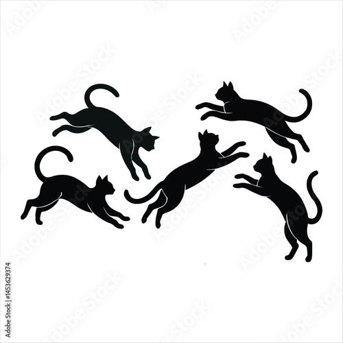 Playful silhouette cats jumping and pouncing against a clean white background design