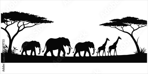 Silhouette illustration of african elephants and giraffes in a savannah landscape