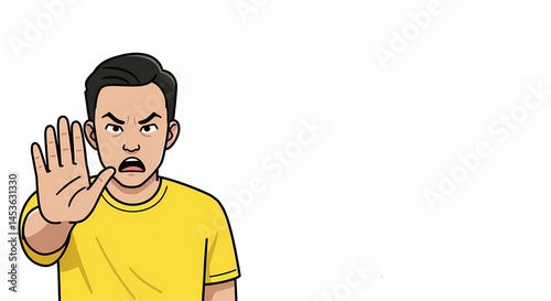 Expressive cartoon illustration of a young man forcefully gesturing 'stop' with visible consternation and disapproval, positioned against a white background for emphasis