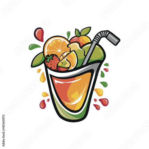 A vibrant and fresh juice logo design showcasing a glass of refreshing juice with fruits like orange, lemon, and leaves. Ideal for juice bars, organic drink brands, health cafes, and fresh beverage co