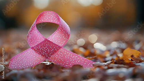 Pink awareness ribbon on autumn leaves, symbolizing hope and support