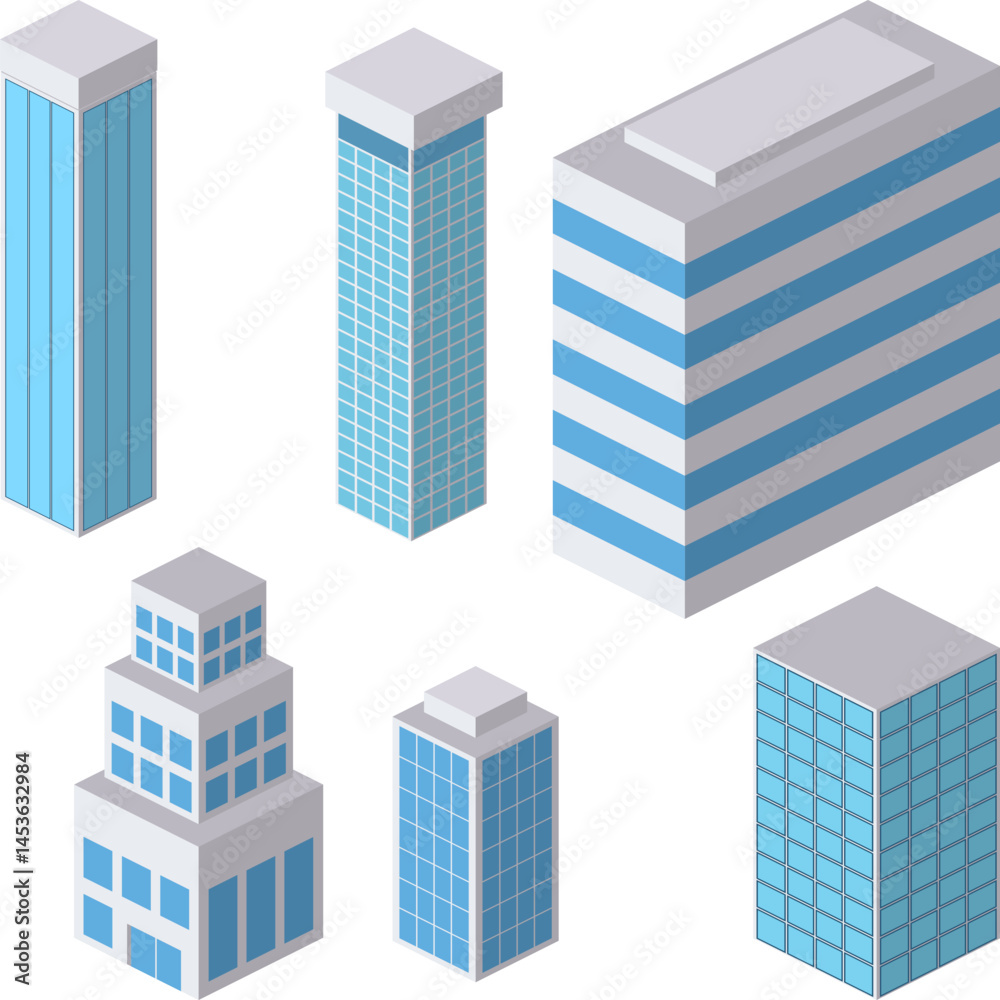 Modern isometric city buildings set. Modern flat design, isometric illustration of buildings, skyscrapers. Abstract business office and commercial towers in 3d isometric style illustration. Modern isometric city buildings set. Modern flat design, isometric illustration of buildings, skyscrapers. Abstract business office and commercial towers in 3d isometric style illustration.