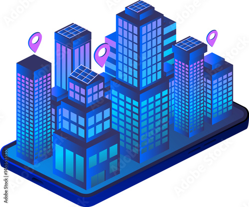 Modern buildings on smartphone screen in isometric view. Abstract cityscape perspective displayed on a smartphone. Ideal for technology and urban design concepts, digital technology, urban landscape.