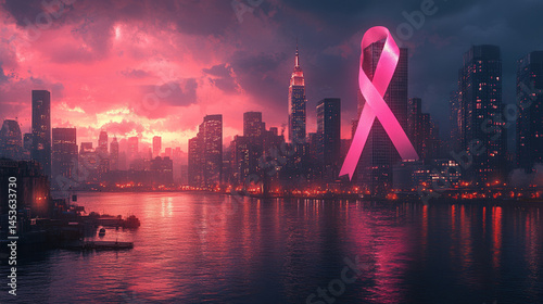 Pink ribbon against city skyline at sunset, symbolizing awareness and hope
