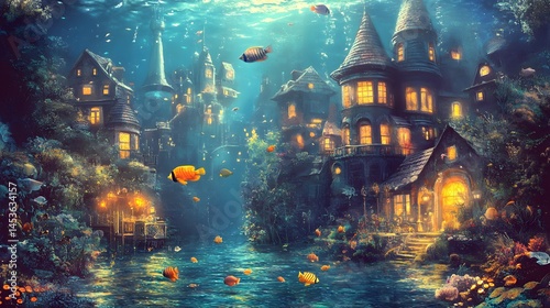 Glowing underwater city with fish swimming by