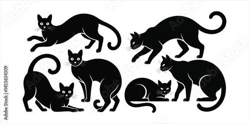 Simple black cat silhouettes in various poses on a clean white background