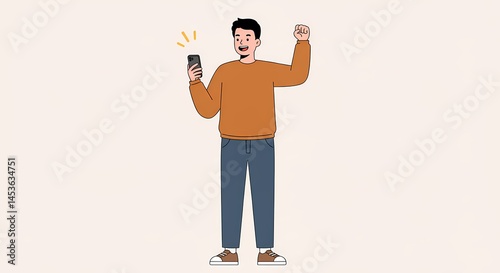 Character celebrates good news on smartphone, conveys online victory, digital triumph and positive response to mobile apps achievements