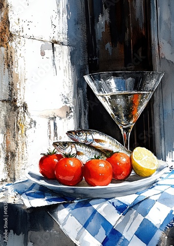 Mediterranean diet, enjoying fresh fish, tomatoes, and a refreshing drink by the window