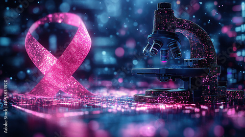 Pink ribbon and microscope in digital rendering, symbolizing breast cancer research and medical technology advancements