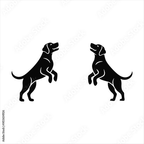 Two playful black dogs silhouette jumping with joy on a plain white background