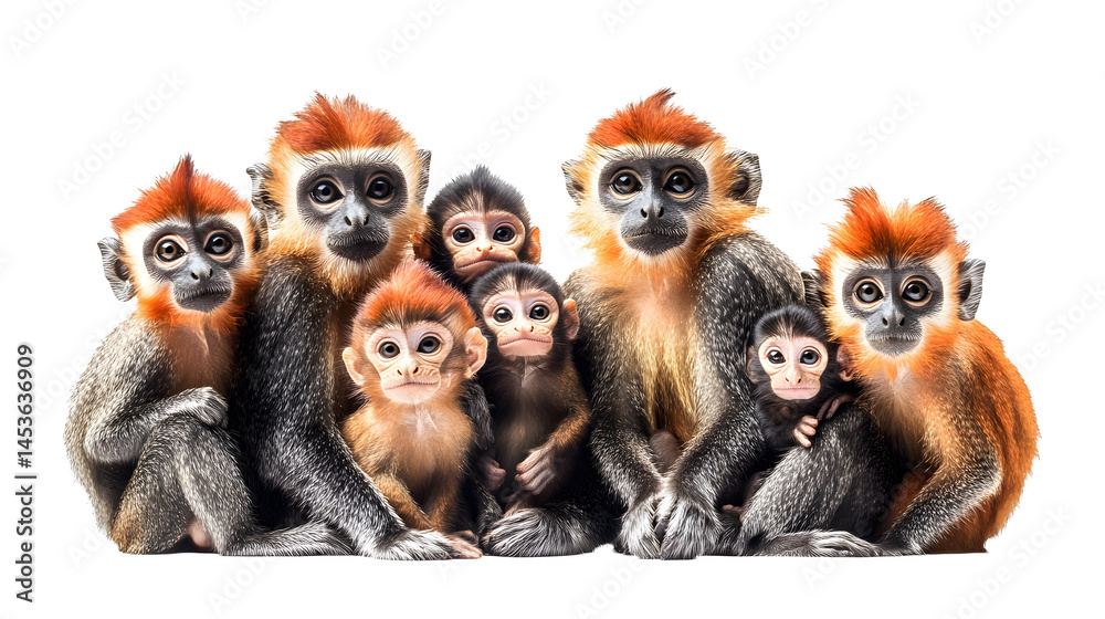 Collection of group of monkey family with baby portrait on white background.