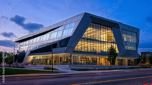 Wallpaper Mural Modern architectural building with large glass windows illuminated at dusk Torontodigital.ca