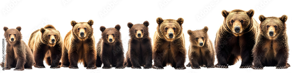 panoramic banner of brown bears in various poses isolated on white wildlife