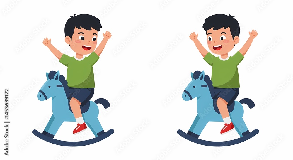 Fototapeta premium Joyful childhood adventures: Energetic boys riding blue rocking horses with open arms, radiating playful exuberance against a clean white backdrop
