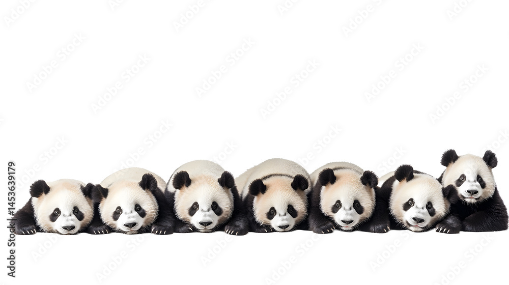 Wildlife zoo china pandas, panda bears animals banner panorama long - Collection of standing, sitting, lying group of cute big panda, panda bear, isolated on white background