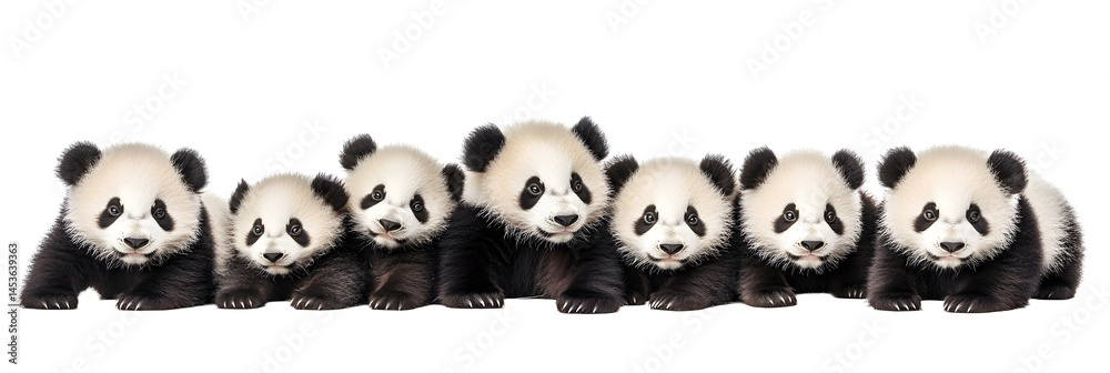 Wildlife zoo china pandas, panda bears animals banner panorama long - Collection of standing, sitting, lying group of cute big panda, panda bear, isolated on white background