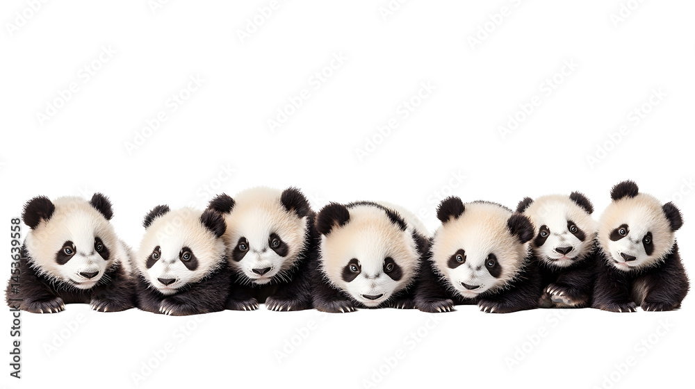 Wildlife zoo china pandas, panda bears animals banner panorama long - Collection of standing, sitting, lying group of cute big panda, panda bear, isolated on white background