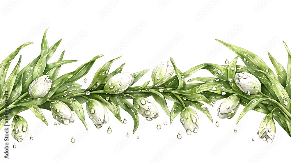 Obraz premium Floral watercolor style artwork depicting botanical greens with water droplets