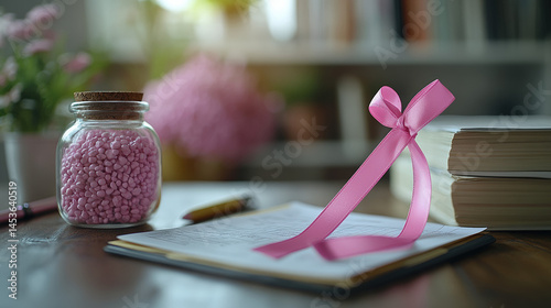 Pink ribbon on notebook near pink beads in jar, books, and pen; subtly suggesting awareness or support