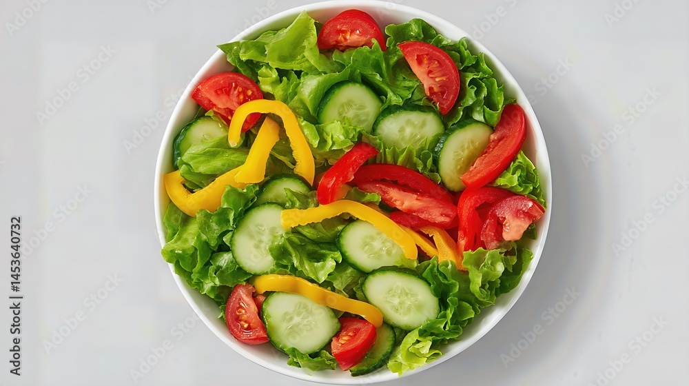 The fresh, colorful salad bowl, featuring crisp lettuce, juicy tomatoes, crunchy cucumbers, and bell peppers, is beautifully arranged on a light background.
The fresh, colorful salad bowl, featuring crisp lettuce, juicy tomatoes, crunchy cucumbers, and bell peppers, is beautifully arranged on a light background.