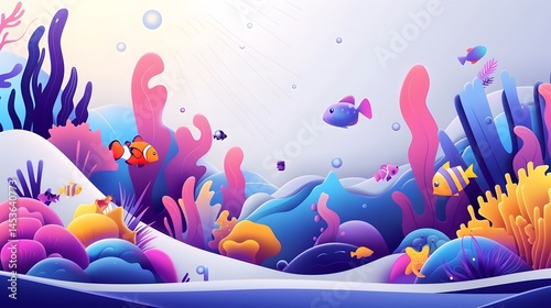 Vibrant Underwater World Illustration with Exotic Fishes and Coral Reefs