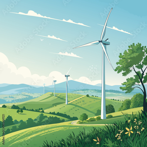 Wind turbines in a scenic landscape with green hills and blue sky