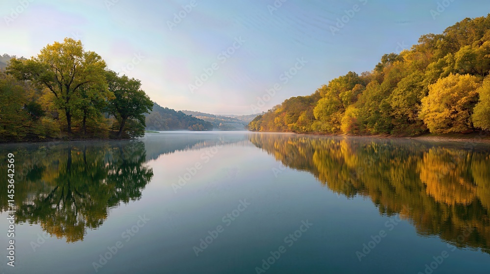 The calm surface of the lake mirrors the beautiful autumn foliage, with early morning light casting a peaceful glow over the scene.
The calm surface of the lake mirrors the beautiful autumn foliage, with early morning light casting a peaceful glow over the scene.