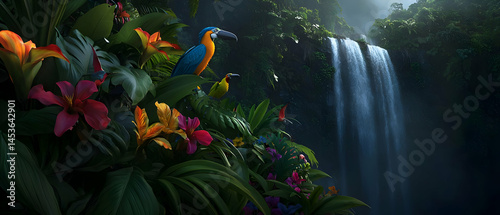 Colorful Tropical Waterfall With Birds And Flowers