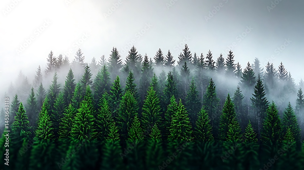 Forest view with foggy mist covering green trees on a serene landscape Forest view with foggy mist covering green trees on a serene landscape