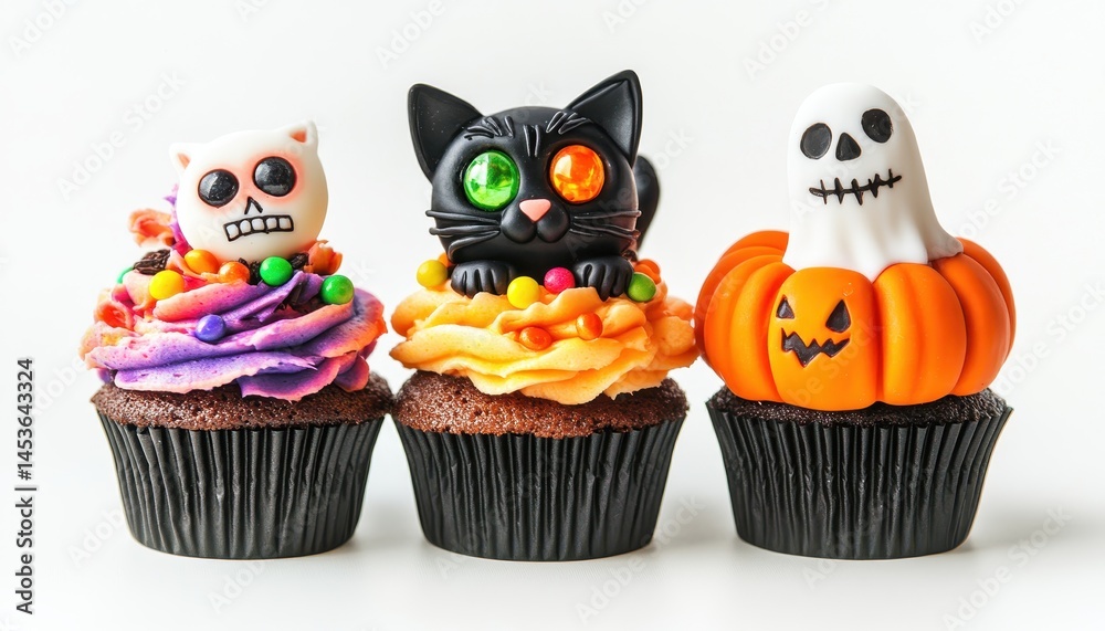 Festive Halloween Cupcakes Featuring Cat Ghost and Pumpkin Decorations on White Background Perfect for Holiday Celebrations and Sweet Treats with Colorful Frosting and Candy Festive Halloween Cupcakes Featuring Cat Ghost and Pumpkin Decorations on White Background Perfect for Holiday Celebrations and Sweet Treats with Colorful Frosting and Candy