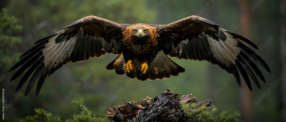 Naklejka premium Golden Eagle Soaring Above Forest