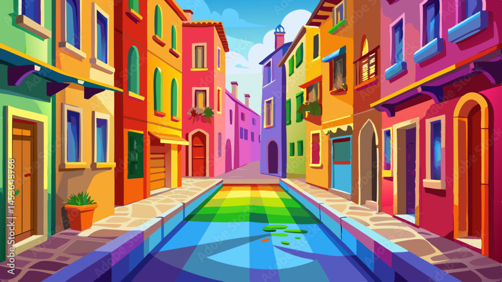 Fototapeta premium A rainbow street in Venice's heart, Each home a brushstroke, bold and smart. Burano beams in pastel pride, A dreamy walk on the vibrant side.