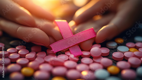 Pink ribbon rests on scattered pills, held gently in hands, backlit by sunlight; symbolizes health awareness