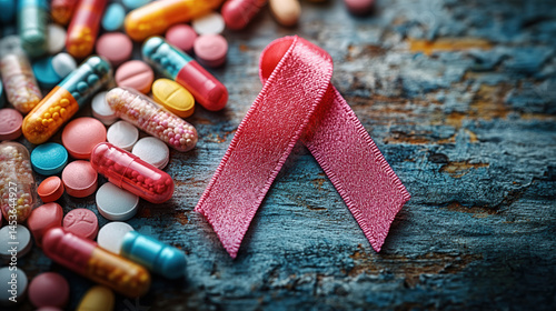 Pink ribbon rests on wood near assorted pills, symbolizing medication and breast cancer awareness