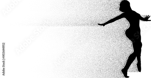 Elegant silhouette of a dancing woman with particles flow. Ideal for dance-themed designs, the image symbolizes the beauty and fluidity of dance. Perfect for artistic projects and dance promotions.