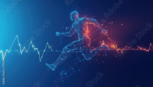 Abstract Digital Runner with Energy Particles and Waveform on Blue and Red Background Depicting Motion and Speed