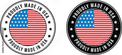 proudly made in usa labels with american flag in circular design showing product manufacturing origin and national pride	