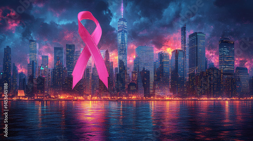 Pink ribbon superimposed on a city skyline at night, reflecting in water, under a dramatic stormy sky