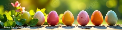Colorful eggshells, spring greenery, sunny patio, eggs, table, tulips