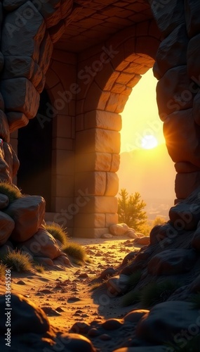 Empty tomb bathed in golden sunrise light, Easter scene, redemption, grave, texture